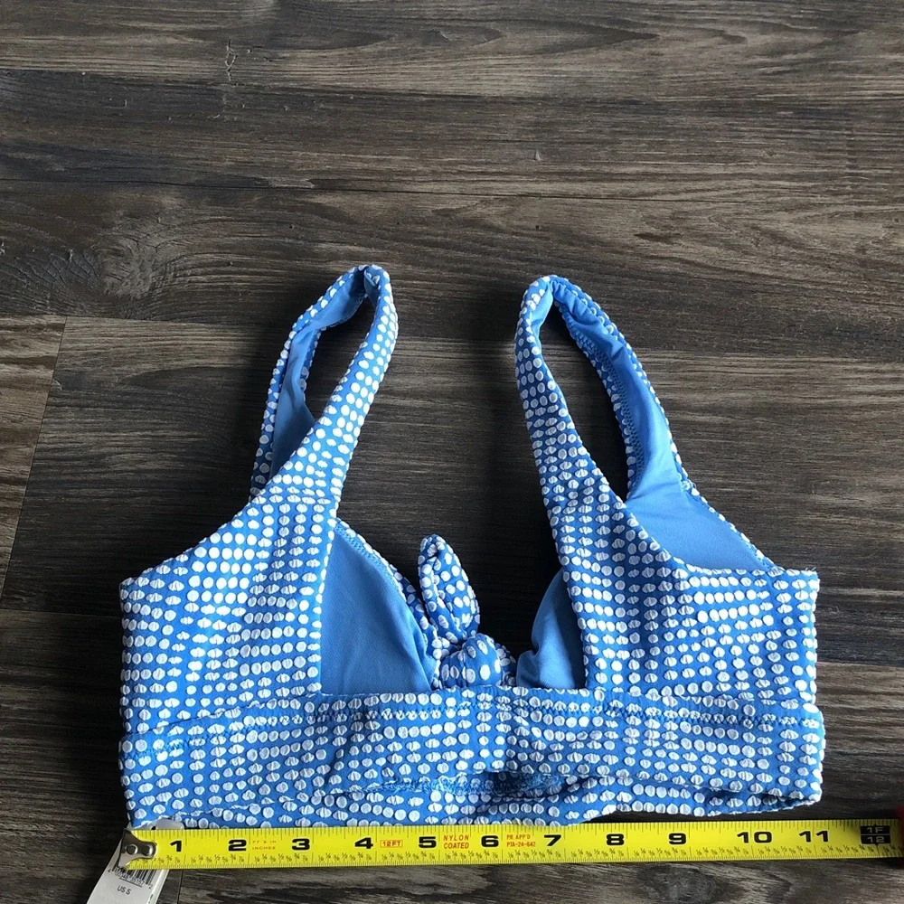 NWT Aerie Scoop Knot Front Bikini Top Blue White Jacquard Polka Dot